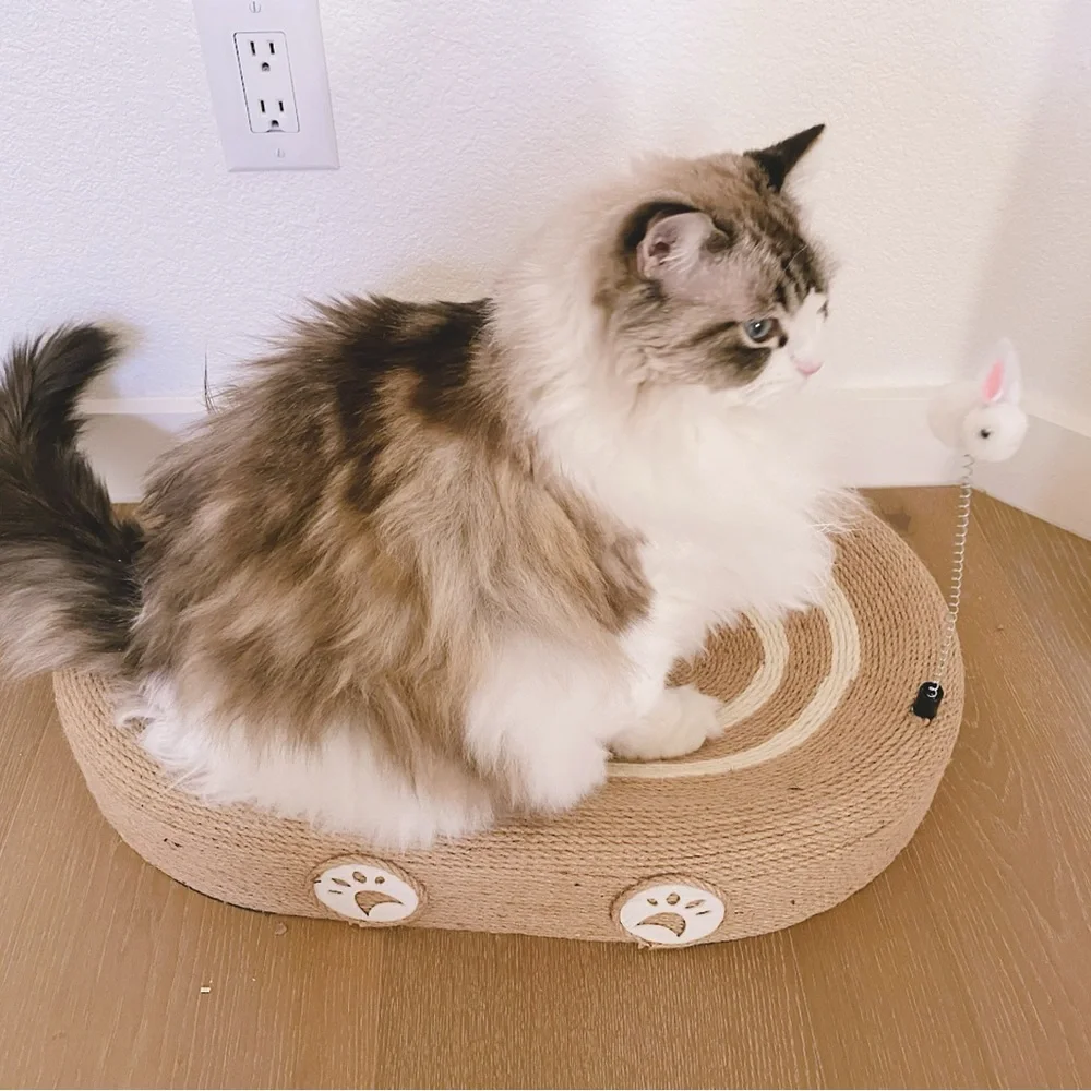 Oval Sisal Cat Scratcher Bed, 24x15 Inch for Big Cats with Spring Teaser Cat Toy